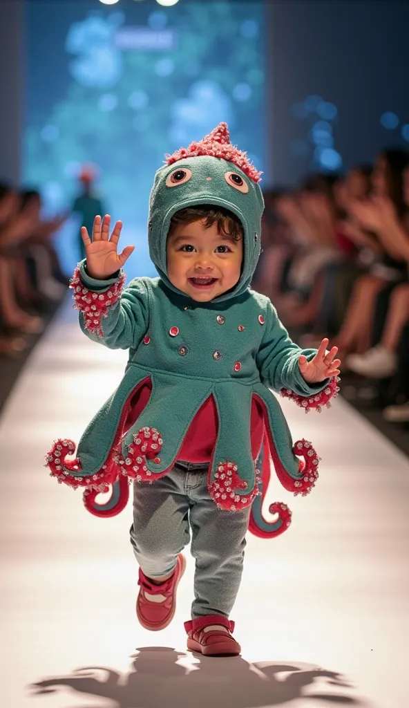 An incredibly cute chubby baby girl with curly hair and fair skin joyfully walks down a brightly lit fashion runway, wearing an extravagant, unusual, and irresistibly adorable octopus-themed costume. The outfit is designed to captivate, featuring realistic...