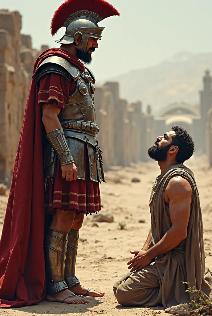 "A Roman soldier and a kneeling man, About to be executed, but with a calm and serene posture. The scene conveys an air of sacrifice and unwavering faith."
