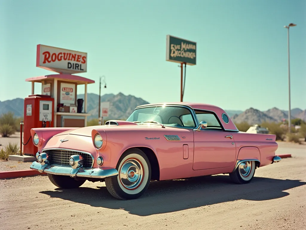 1950 pink Ford Thunderbird photo, 
Arizona,  Desert gas station , Road Movie, 
bright desaturated sunlight
--ar 3:2 --style raw --s 50