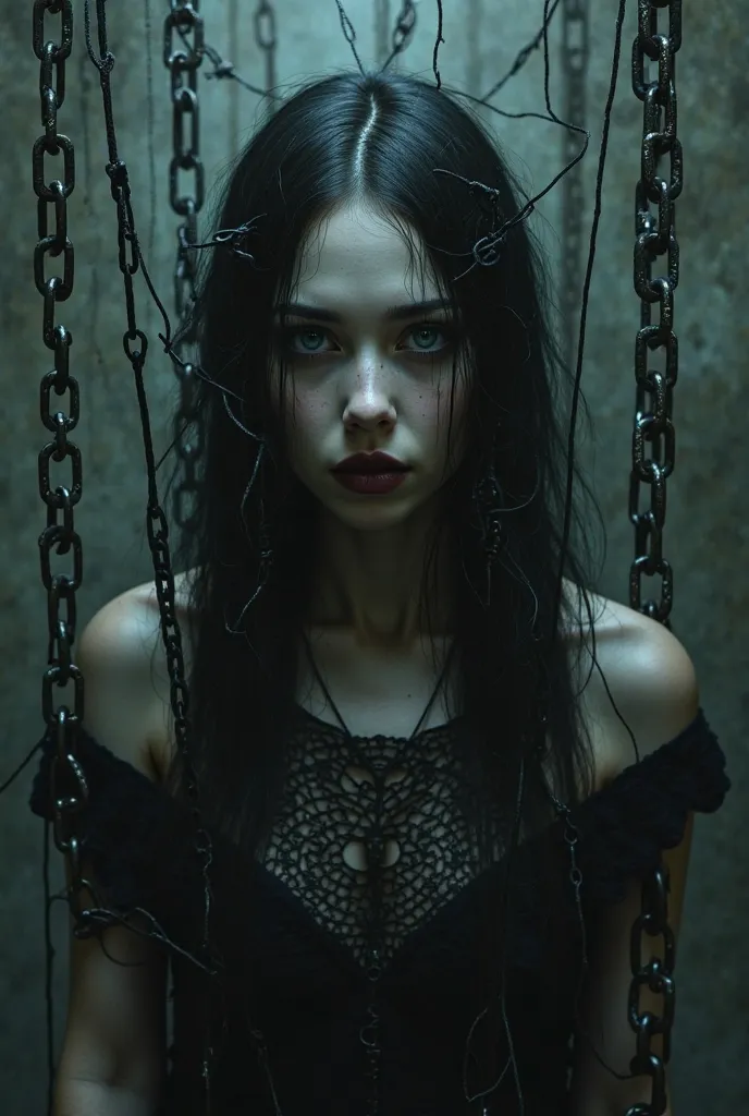 Goth girl tight strings tied to chains cries