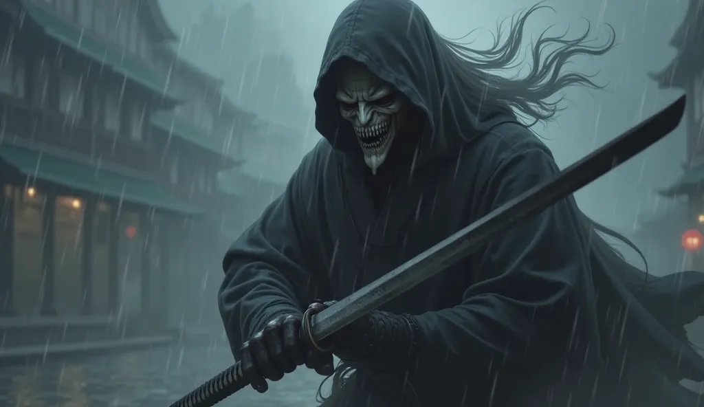 Barely visible Samurai:1.5 ((hiding)), Realistic, holding an unsheathed Katana, Black clothing, Anime Quality, Bad Weather, hidden face, wearing a Mask, Horror, Reaper clothing, up-close