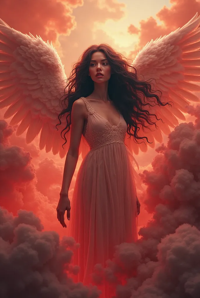 Angel with dark hair in red clouds