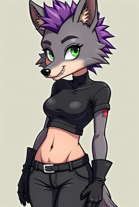 Female wolf girl, head of a wolf, black crop top, low rise jeans black, belt, knee high boots black, punk purple mohawk, green eyes, belly button ring, fat belly hangs low and exposed, hangs over the belt, cartoon 