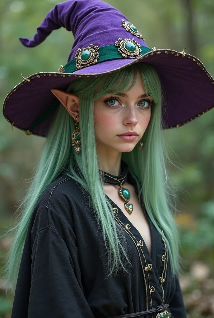 woman, 18 years old, with light green hair, her hair is straight, elven ears, wears a black linen robe which covers her body, the robe has silver embroideries, she wears a purple mage hat with golden accents and a green ribbon, the hat also has feathers ar...