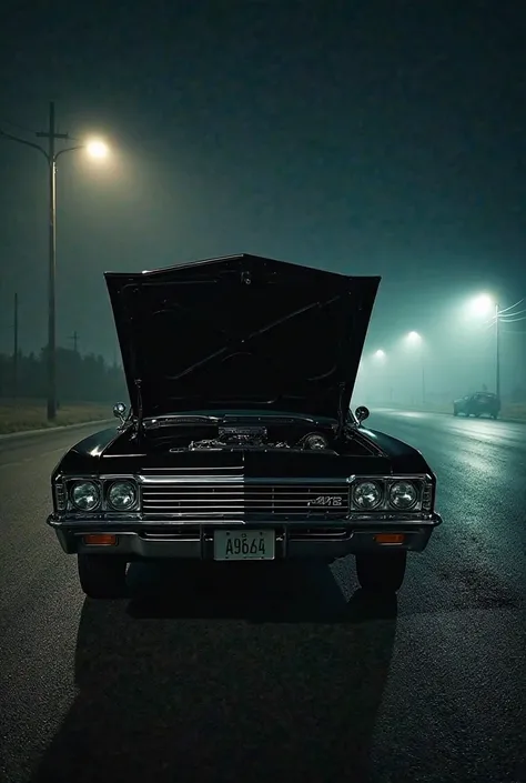 "Create the image of a black 1967 Chevrolet Impala, faithful to the iconic model of the Supernatural series. The car must have the hood open, showing off a powerful V8 engine, with chrome details and well-defined mechanical parts. The body must be shiny an...