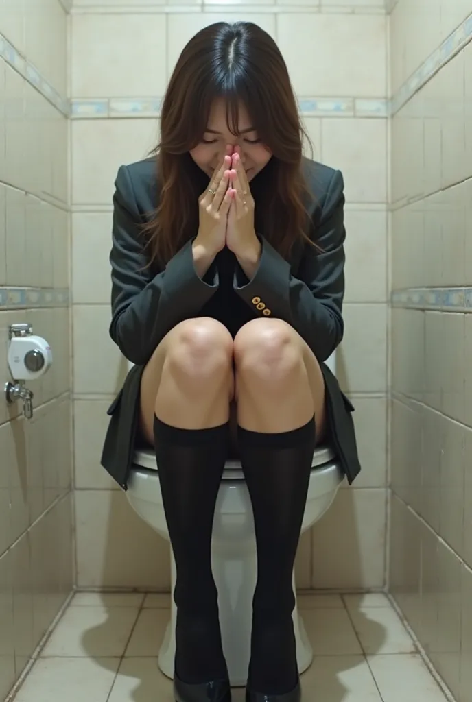 (Photorealism:1.2), Beautiful Japanese model suppresses the embarrassing urge to fart、39;Thick legs, Two women in uniform, 39;Office worker business uniform、Bitter smile and stomach ache、Sitting on the toilet seat、Please spread your legs a little。I can&#39...