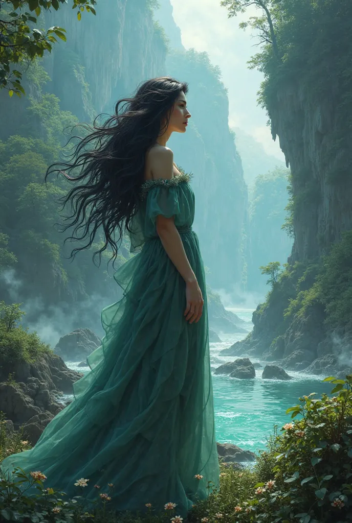 Image of a black-haired woman, she is standing looking at a magical place on an island