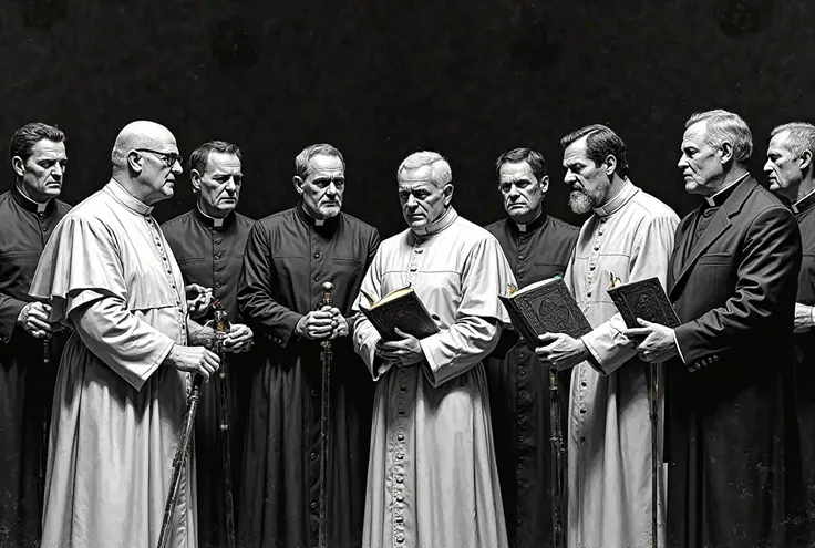 I want a black and white DC Comics style image with 3 Priests from different Catholic Denominations and 4 different Evangelical Pastors holding Bibles, swords;