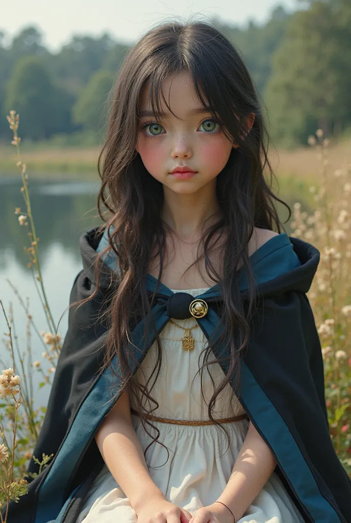 An  girl with long hair,dark brown with tips and some white tufts,her eyes are greenish gray,They are large and deep,her lips are fluffy,her cheeks are slightly pink and she is sitting in a meadow near a lake,she is wearing a white dress with straps next t...