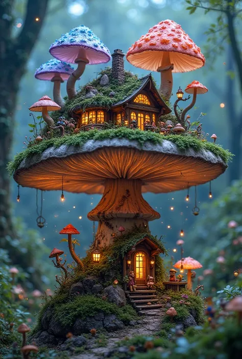 *"Atop a giant, ancient mushroom, a breathtaking miniature jungle flourishes, glowing softly under a dreamy twilight sky. The mushroom cap is wide and sturdy, covered in lush green moss, tiny bioluminescent flowers, and delicate vines that drape over its e...