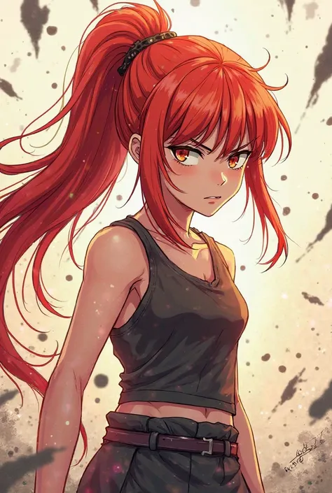 Young red-haired girl with long hair tied in the form of a ponytail, Having a fighting expression.  Kaisen jujutsu style anime drawing 