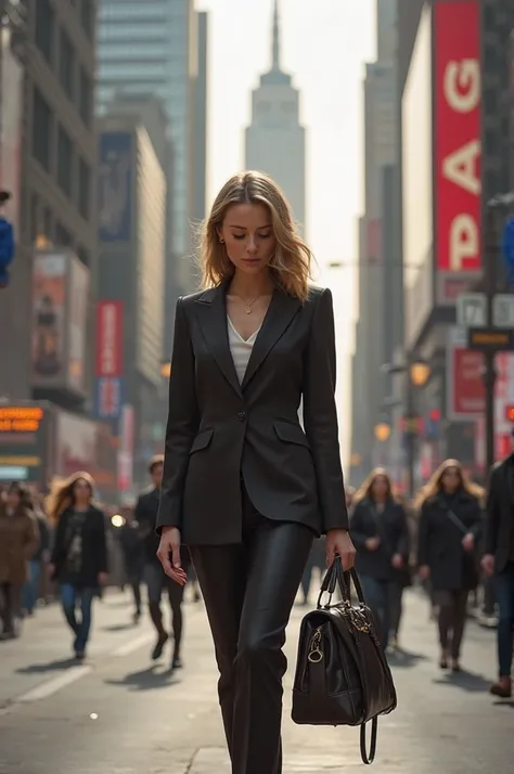 woman walking in the street on the handle of the handbag 