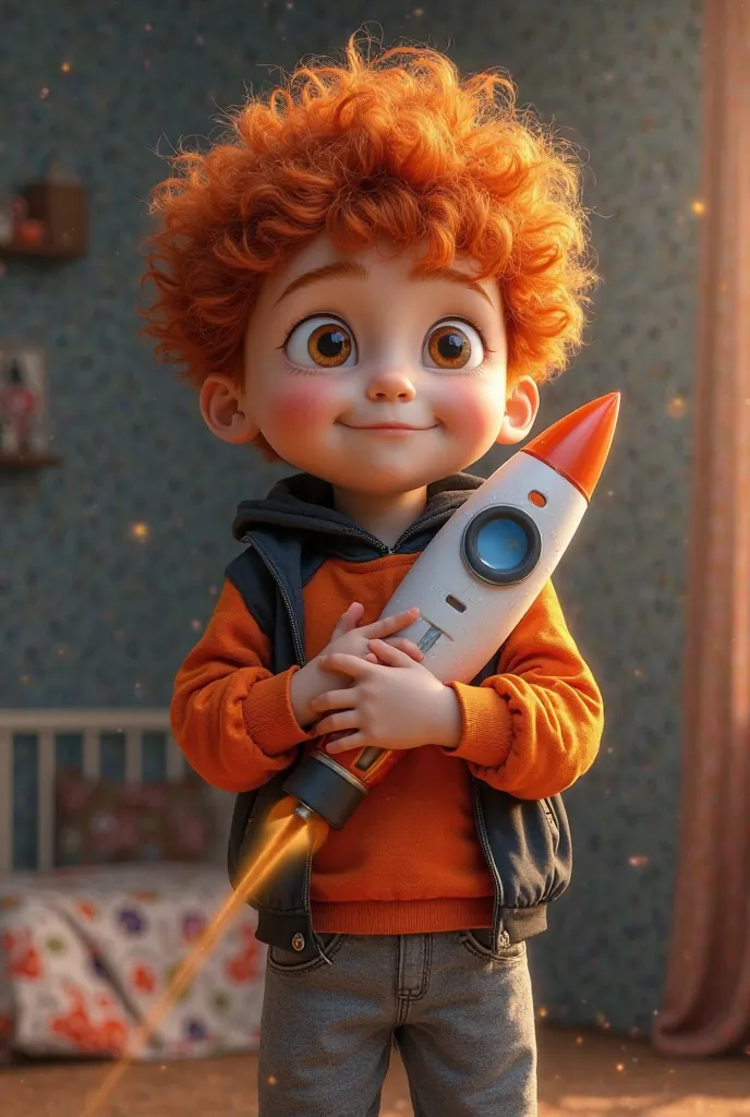 a red-haired boy with curly hair, orange and black sweatshirt, gray sweatpants hugging a rocket