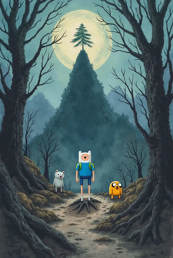 Adventure time drawing, But a drawing as well as a gloomy one, terrifying as watercolor and as modern art