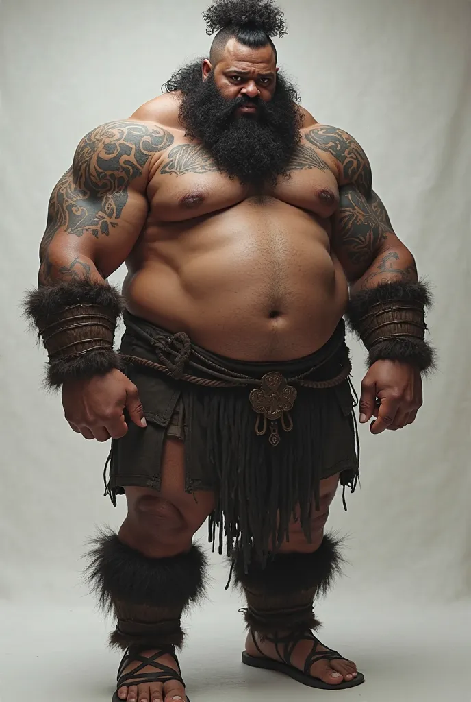 A muscular Black Viking with a chubby, yet strong physique. His defined arms, legs, and chest contrast with his large gut, giving him a robust, imposing presence. His curly, fuzzy hair adds a wild touch to his look, and his overall appearance is one of str...