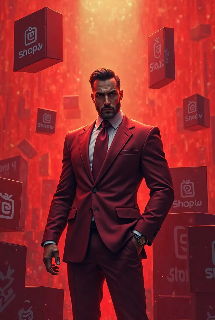  Create a male character, With the reputation of being the "Magnata and Shopee". use red tones, Also use boxes with the name Shopee