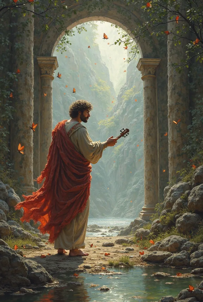 Generate a detailed image with Orpheus crossing a Gate, he is near a river, in the afterlife, around him there are fluttering crowds And he meets Persephone, So speak to Persephone intoning his words with the sound of the Lyre while he looks sorry and desp...