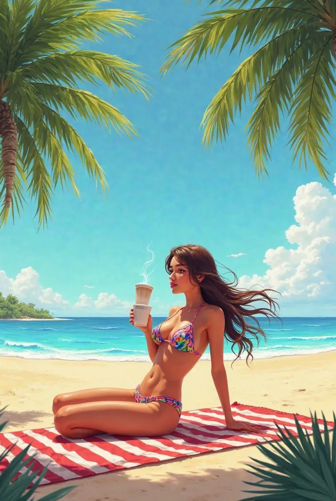 A woman in a bikini drinking coffee on the beach 