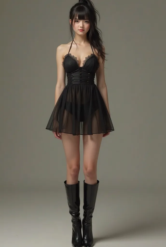 Photorealistic image of age girl, full body length, long legs, medium breasts pointing up, dressed in dark, sheer mini dress ( very short), cute demure face, pale skin and dark hair in a ponytail. She has knee length tight black shiny boots on, with high h...