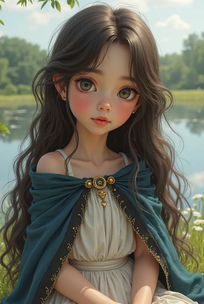 A realistic  girl with angelic beauty long hair,dark brown with tips and some white tufts,her eyes are greenish gray,They are large and deep,her lips are fluffy,her cheeks are slightly pink and she is sitting in a meadow near a lake,wears a white dress wit...