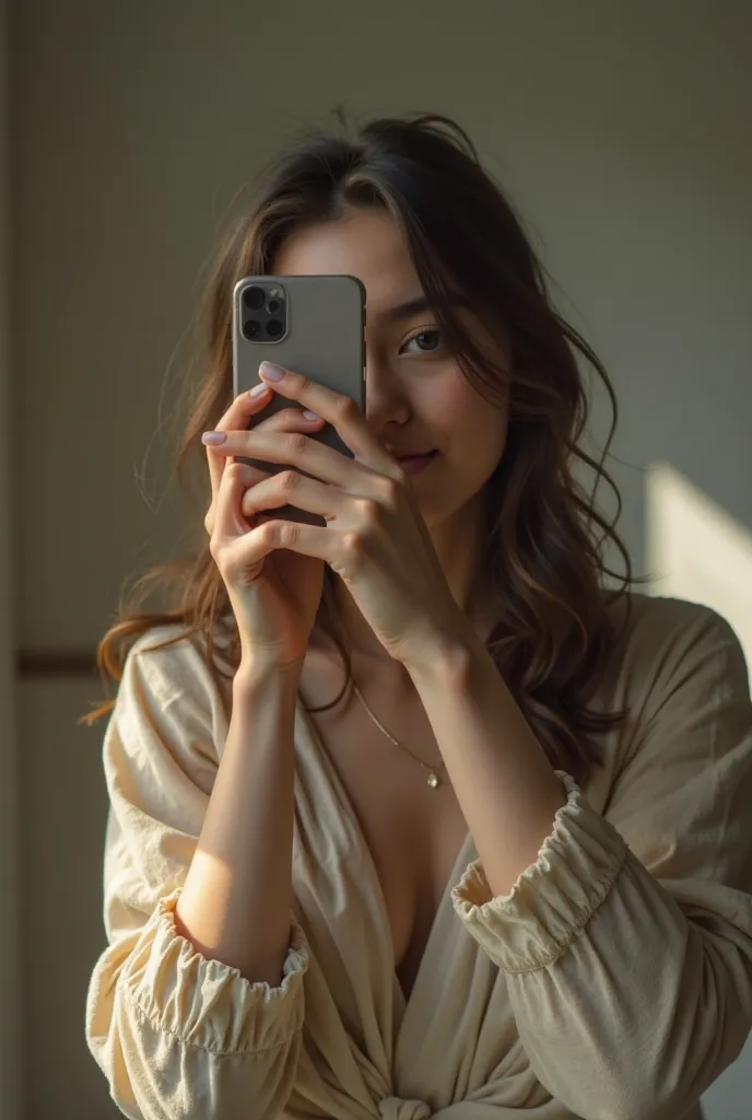 "An extremely realistic photograph of an 18-year-old girl taking a selfie in a mirror. She holds a mobile phone in one hand, capturing her reflection, while her other hand covers her entire face in a mysterious, candid manner. The image features natural li...