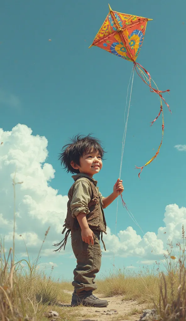  Create an ultra realistic image , from the 1980s , Boy flying a kite, all dirty,  with torn clothes , Looking at the kite in the sky 