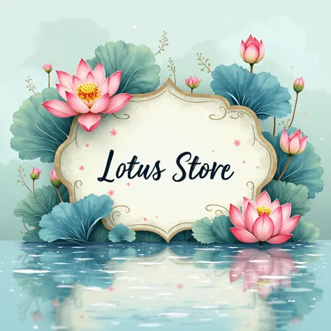 Create a cute store sign with lotus flowers and shades of teal and pink and blue as if there were a lake reflecting the name Lotus Store