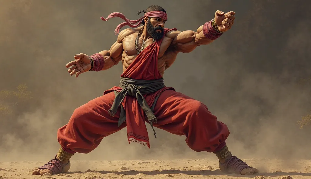 photo réaliste, haute résolution : Dhalsim de Street Fighter, personnage d'origine hindou ; il est en lévitation ; sa jambe droite s'allonge (elle est au moins deux fois plus grande que la normale) pour donner un coup de pied