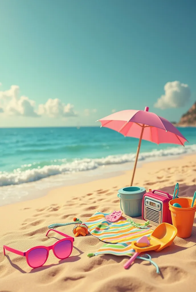 Imagine the beach in the 1960s. With a colorful beach towel and a pink umbrella stuck in the sand. There's a bucket and a shovel lying around on the sand. There is a vintage radio and a pair of pink sunglasses next to the beach towel 