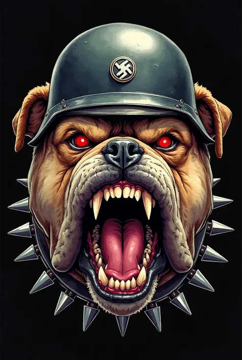 I want to create an collorfull art of a bulldog's head with sharp teeth, red eyes and an very  evil expression on his face, wearing a German soldier's helmet from the second world war and also wearing a spiked collar, I want this image in drawing form and ...