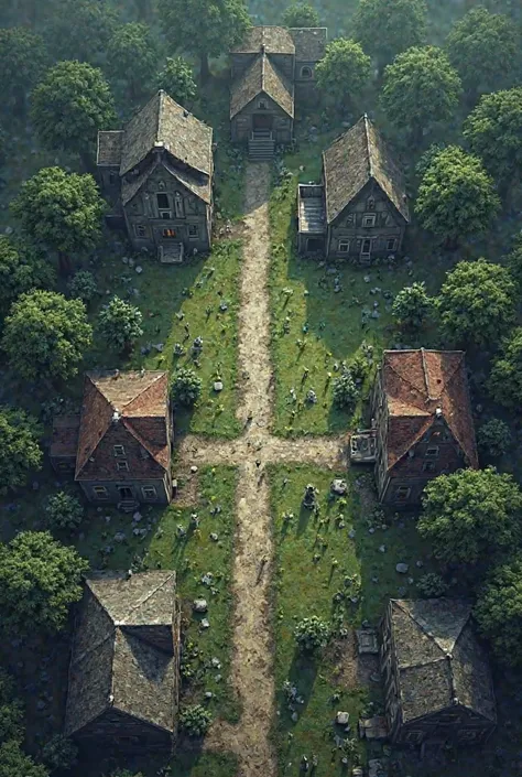 create a cemetery map for an RPG, Map seen from the top, seen from above. I want to see only the roofs of the houses, I want to see completely from above, as if I were flying over the place. PLACE ONLY THE ROOF OF HOUSES, I CAN SEE IT FROM ABOVE THE CEILIN...