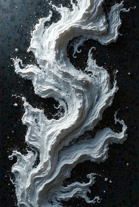 Abstract composition of white foam swirls on a dark, glossy surface. The foam creates fluid, artistic strokes, resembling expressive brush painting. The contrast between the bright white foam and the deep black background enhances the texture and depth of ...