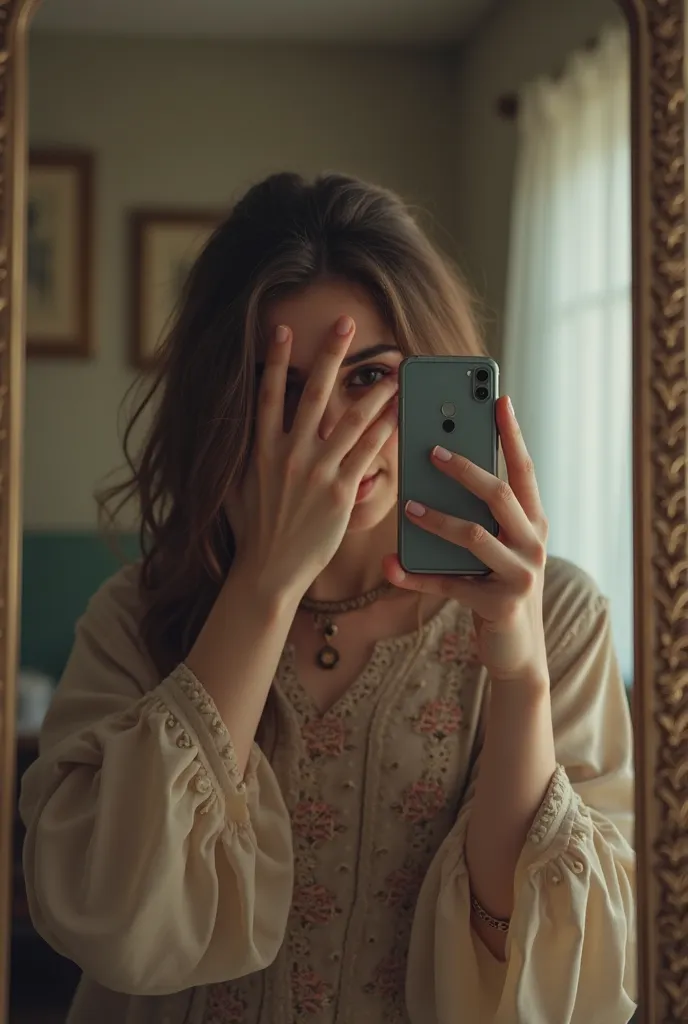 "An extremely realistic photograp of an 18-year-old girl taking a selfie in a mirror. She holds a mobile phone in one hand, capturing her reflection, while her other hand covers her entire face in a mysterious, candid manner. The image features natural lig...