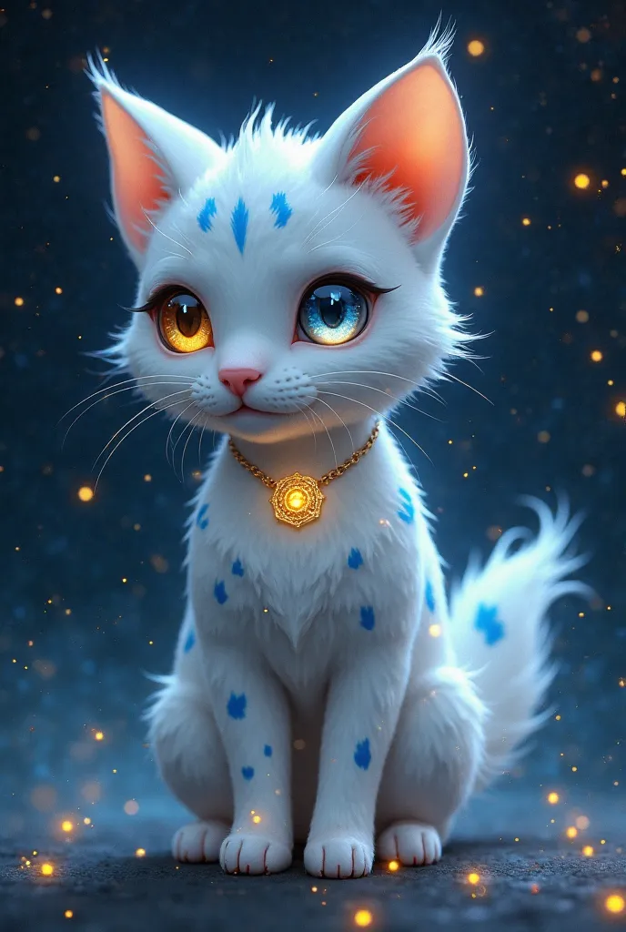 coat: White with blue-gray spots that glow softly in the dark, like constellations  (reference to its origin "Cosmic").
eyes: big, luminous and heterochromatic:  a golden eye  ( like the sun ) and another silver (like the moon).
size: Small and agile, with...