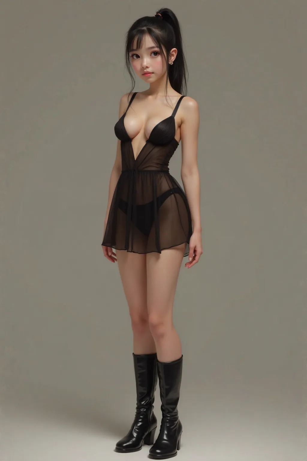 Photorealistic image of age girl, full body length, long legs, medium breasts pointing up, dressed in dark, sheer mini dress ( very short), no underwear, breasts are visible through the material, cute demure face, pale skin and dark hair in a ponytail. She...