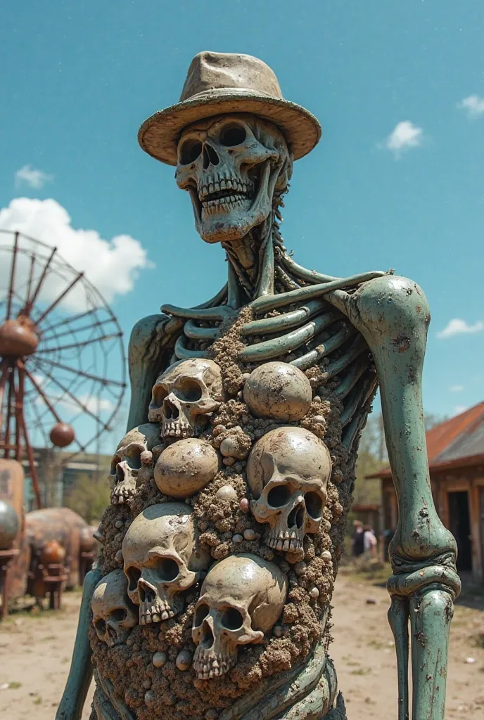 "A macabre and surreal statue in an abandoned, post-apocalyptic setting, depicting a humanoid figure with a monstrous torso. The figure's head is tilted back, wearing an old, worn-out hat, while its left arm is elongated and skeletal in appearance. The mos...