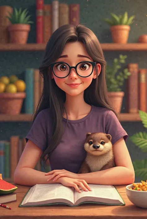 Create an image that in the background is a query, that has furniture where they have books with fruits on top of them, besides having a desk in front of it and there is a young woman who is smiling,  with a dark purple t-shirt , The woman has long hair , ...