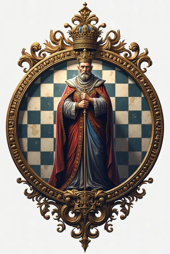 Round emblem with a chessboard and a king figure