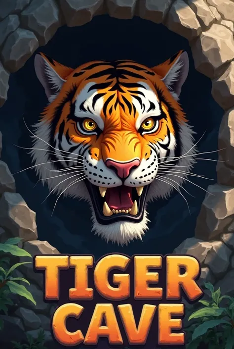 Can you create an animated image of a tiger's face for me with letters underneath that say “tiger cave”.  please 