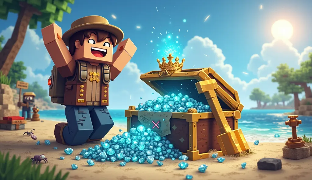 A bright, energetic, and whimsical Minecraft scene set under a clear blue sky with fluffy clouds. The thumbnail features Steve in a triumphant pose, uncovering a massive treasure chest overflowing with glowing diamonds, blending classic Minecraft charm wit...