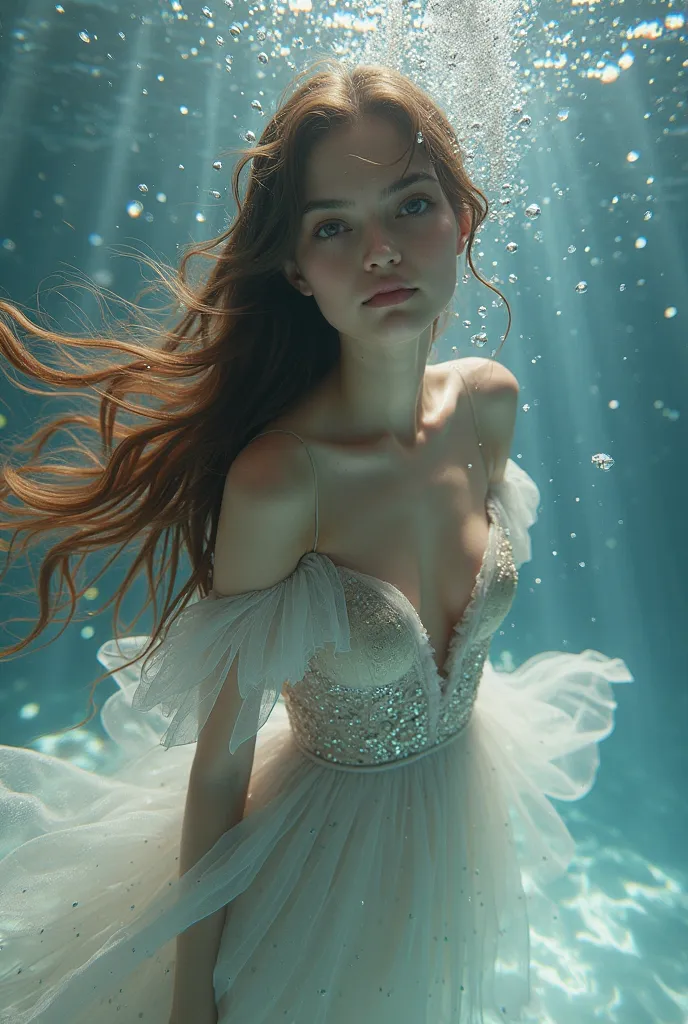 Prompt:
"A beautiful girl with long, flowing brown hair floating underwater, illuminated by beams of light filtering through the surface. She wears an elegant, shimmering silver gown with lightweight, flowing fabrics that move with the water. The water is ...