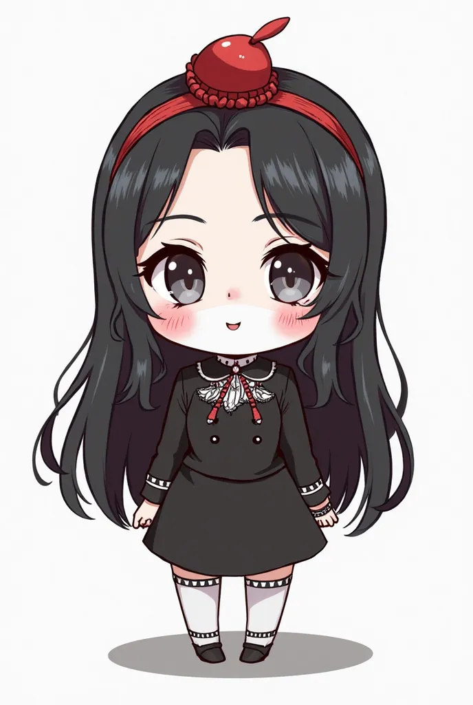 (Chef-d'œuvre ,  style Chibi , meilleure qualité:1.2) femme chibi seule face à l'objectif, typée européenne , Élancée et athlétique , très long cheveux noirs retenu par un serre tête rouge , yeux couleur gris , peau pâle , expression étonnée , visage rond ...