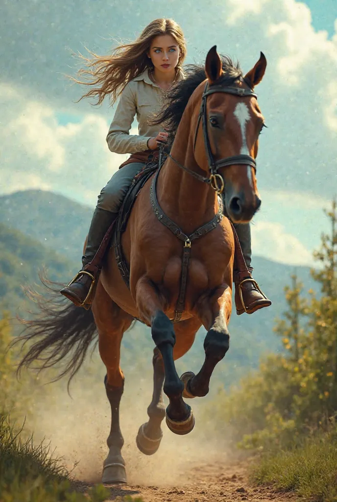 Fais moi une photo de fille blonde foncée aux yeux bleus sur un cheval brun qui saute mais il faut que se soit super réaliste et il ne faut pas qu’on voit que c’est une ia 