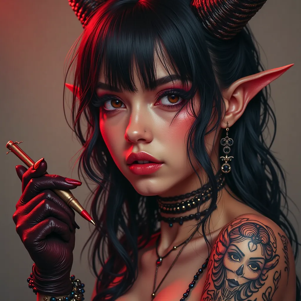 Beautiful woman tattoo artist, black hair, horns, tattoos, holding tattoo gun, red elements,