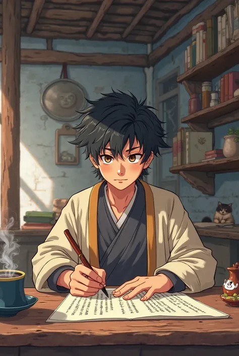 In anime art form, I want you to make a peasant who is a scribe