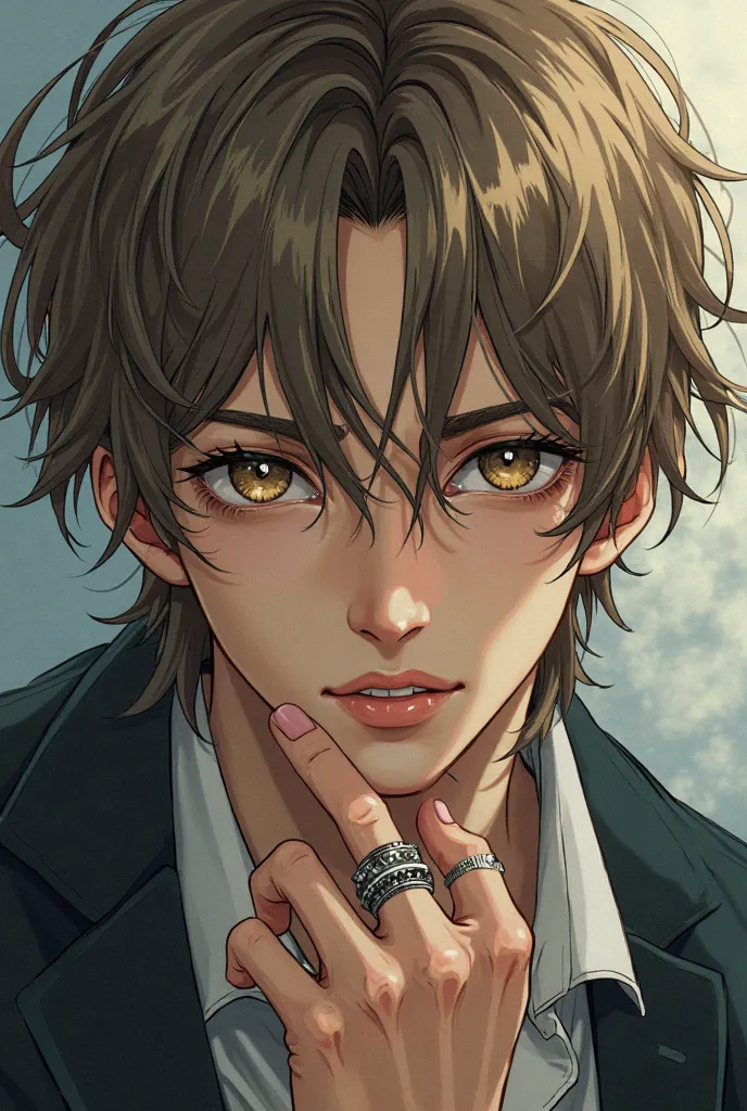 A boy with light brown hair, brown eyes that fade to bluish gray, with an elegant but urban style, medium-long hair, ring with a challenging look, drawn in Junji Ito style in color