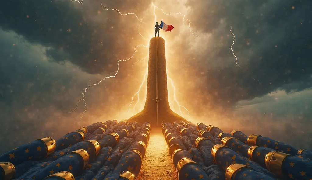 "Epic visualization of France as a golden pillar rising from a fractured European Union flag, with nuclear warheads subtly depicted at the base of the pillar, Emmanuel Macron standing atop the pillar holding a French flag, stormy sky with lightning illumin...