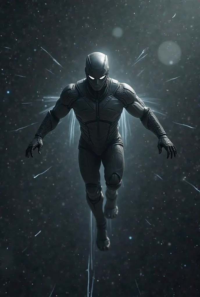 A superhero flying in outer space wearing a gray suit and futuristic helmet 