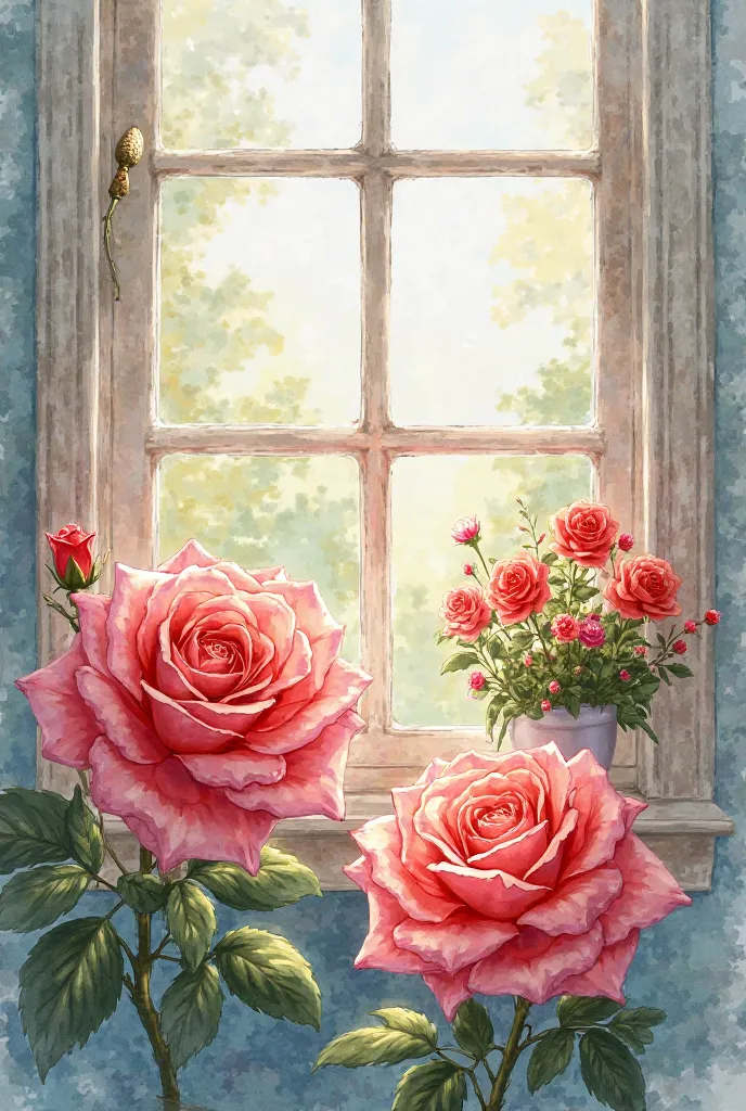 A picture of roses in the style of watercolor painting and a window with flowers 