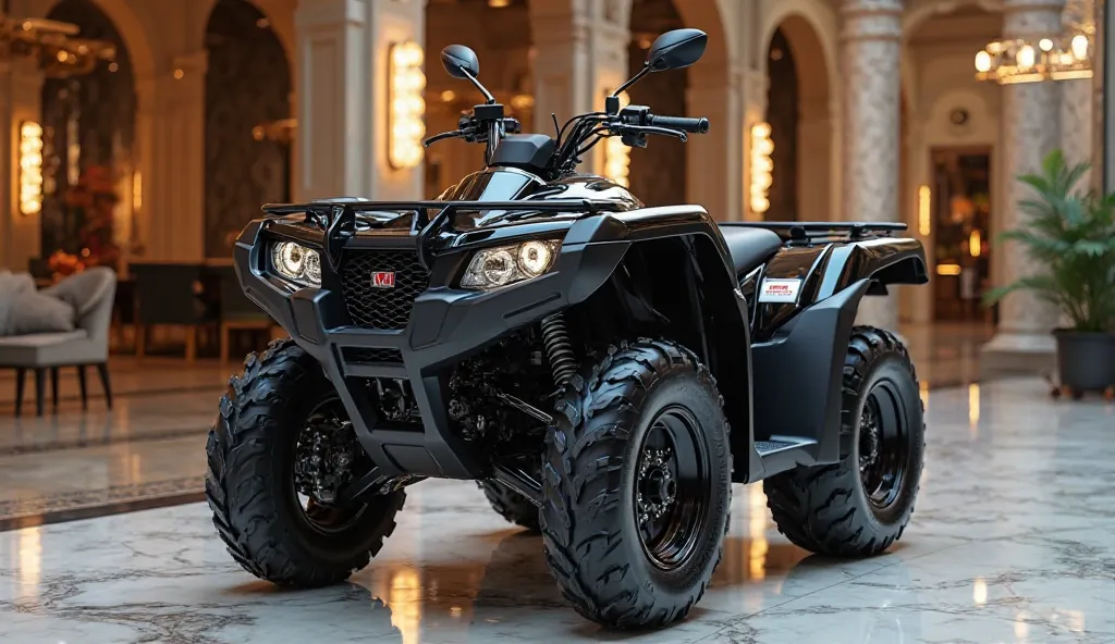 A Sleek And Full HD Realistic 2025 Honda TRX 400EX A black Shiny Exterior And Parked In Luxurious Showroom And Left View